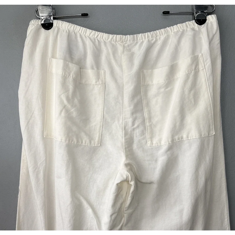 H&M Linen Blend Pants Size Large White Drawstring Wide Leg Lagenlook Minimalist